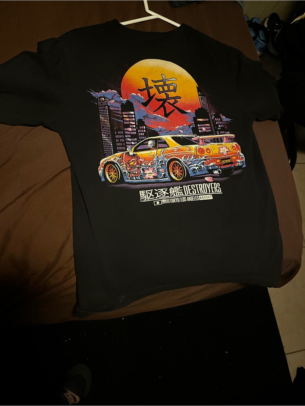 Black Short Sleeve Graphic Tee with Sunset Car Design